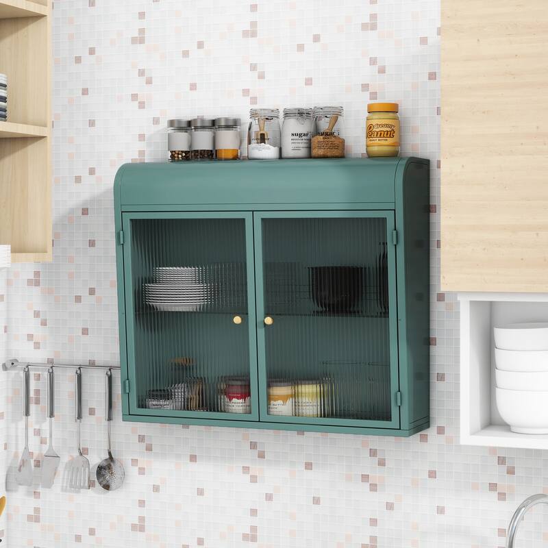 2-Door Wall-Mounted Metal Storage Cabinet with Tempered Glass Doors & Shelves for Bathroom, Kitchen, Living Room & Office - Army Green