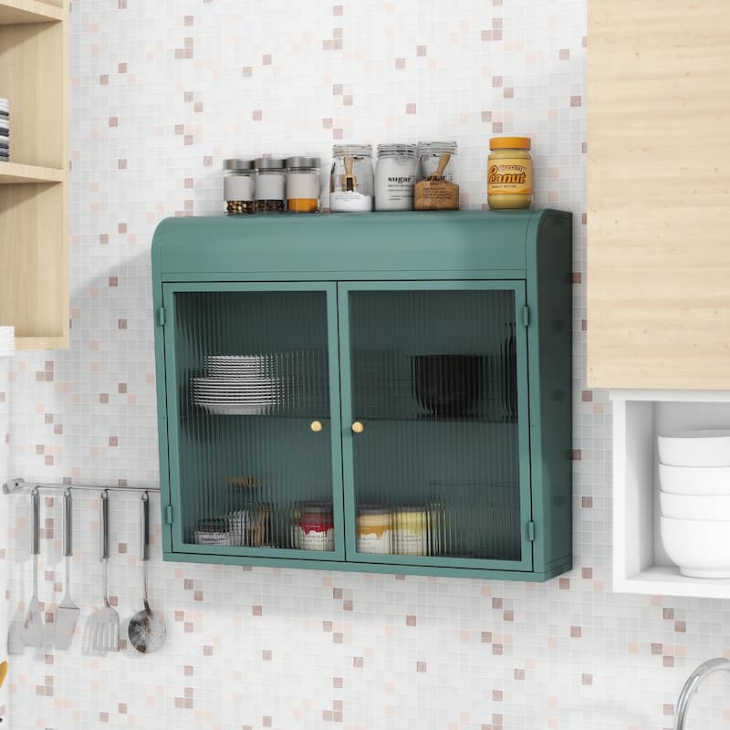 2-Door Wall-Mounted Metal Storage Cabinet with Tempered Glass Doors & Shelves for Bathroom - Army Green
