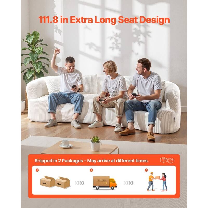 111.8” White Curved Sofa Couch Extra-Long 3-Person Seating with Corduroy and Foam Comfort - 40.16” x 111.8” x 30.7”