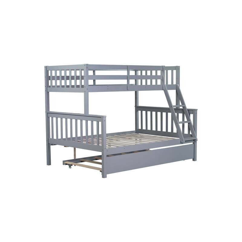 Convertible Twin Over Full Bunk Bed with Trundle, Detachable Ladder and Guardrail, Grey