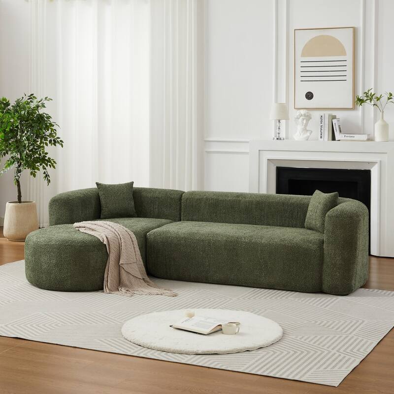 109.4" L-Shaped Chenille Boneless Sectional Sofa with Two Throw Pillows - Green - Right Facing
