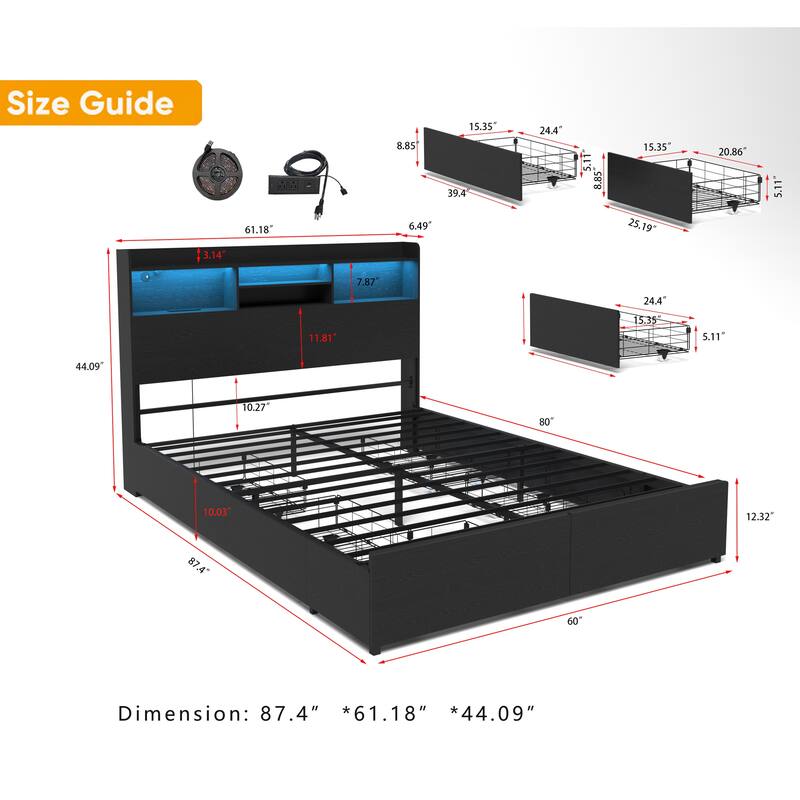 Bed Frame with 6 Storage Drawers, LED Headboard Shelf, Fast Charging Station, Heavy Duty Metal Platform No Box Spring Needed