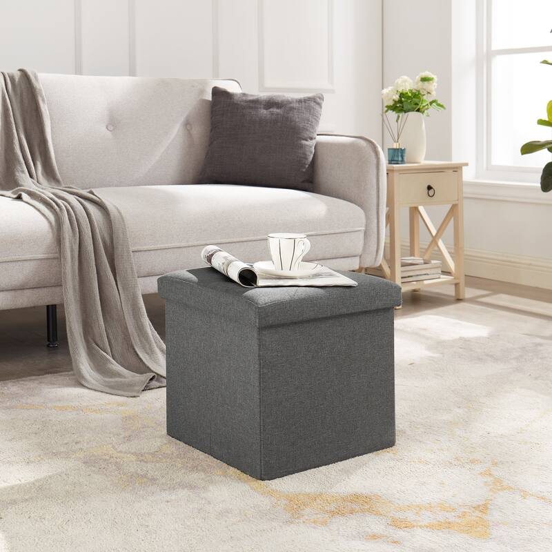 Javlergo 15" Foldable Storage Ottoman, Tufted Linen Foot Rest Stool/Seat Toy Chest - 15" - Dark Grey