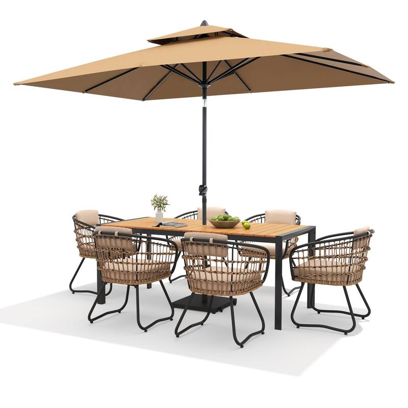 9/11-Piece Outdoor Dining Set Aluminum Table and Rattan Chairs w/10 ft Market Umbrella and Base