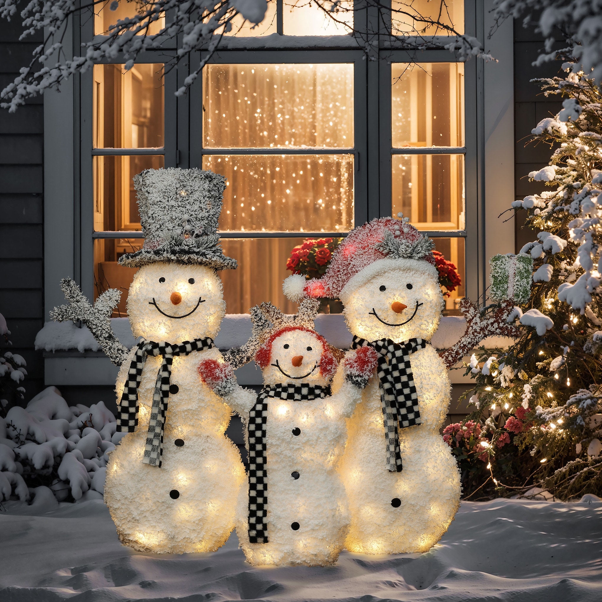 3-Piece Lighted White Tinsel Frosted Snowman Family Outdoor Holiday Decoration