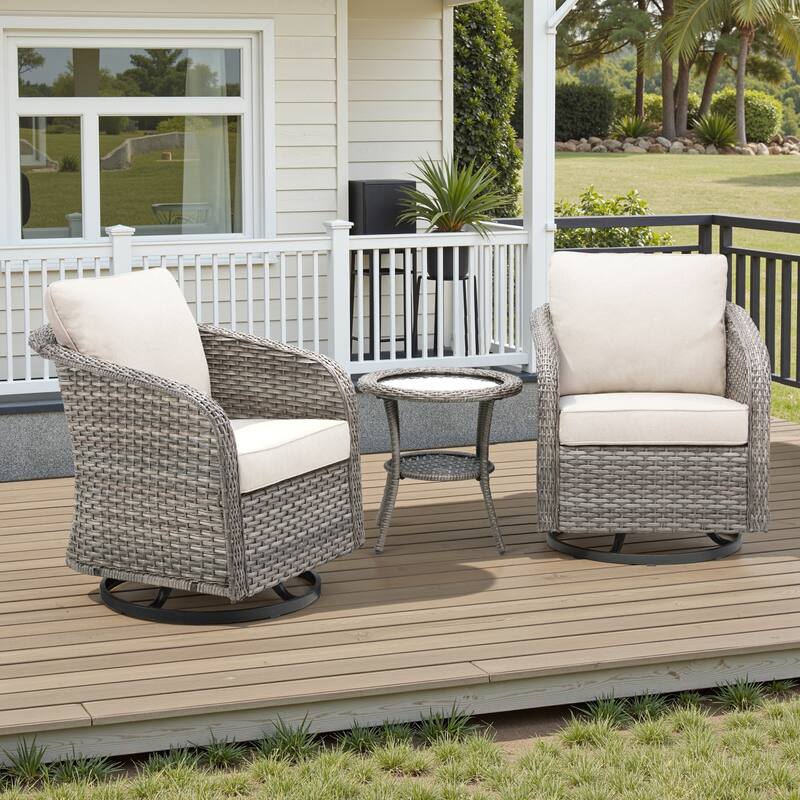 Pocassy Outdoor Patio Wicker Sofa Chair Furniture Set - Light Grey Wicker Beige Cushion - 3 Pieces Swivel Chair with Side Table
