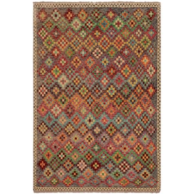 Shabby Chic Balochi Jenkins Gray/Red Hand Knotted Wool Rug - 4'10'' x 6'9''