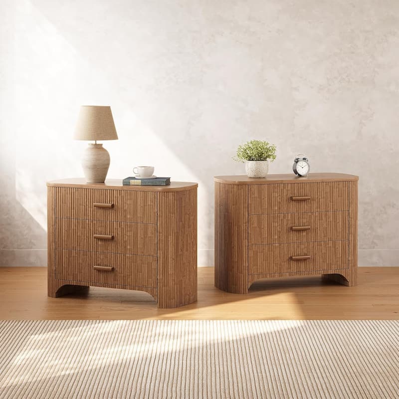 3-Drawer Fluted Nightstands, 31.5'' W Oversized Night Stand Bedside Table
