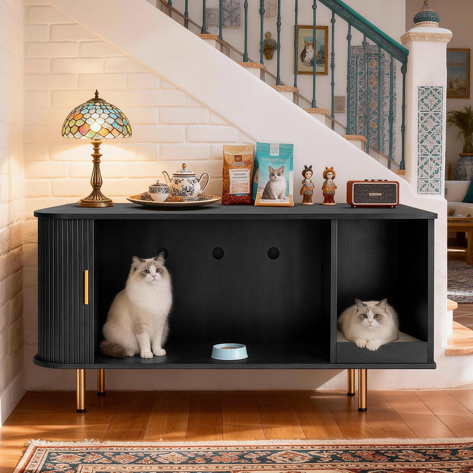 38.5" Cat Litter Box Enclosure with Scratch Pad and Sliding Door,Cat Hidden Litter Box Cabinet,Modern Indoor Cat House,TV Stand