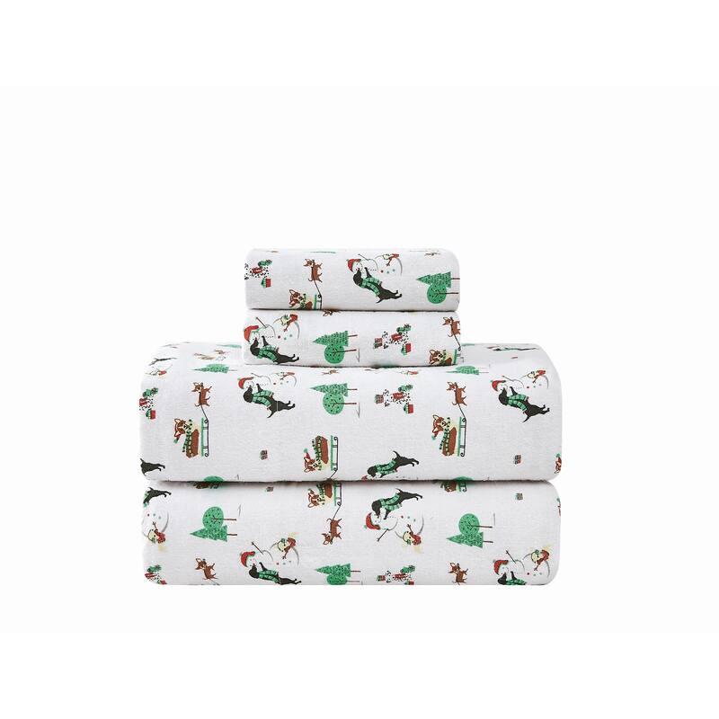 Truly Soft Printed and Solid Cotton Flannel 4 Piece Sheet Set - Holiday Dogs - Full