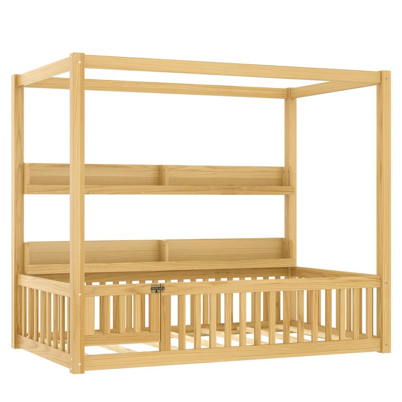 Roomfitters Canopy Floor Bed with Guardrails and Shelves, Solid Wood Montessori Frame