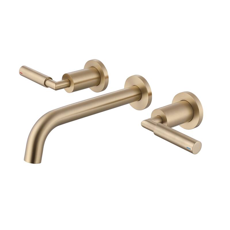 Solid Brass Wall Mounted Widespread 2-Handle Bathroom Faucet With Pop-up Drain Assembly - Brushed Gold