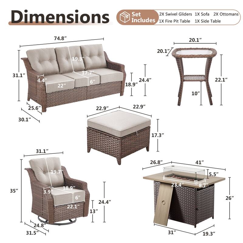 Artisan Brown Wicker Patio Fire Pit Conversation Set with 3-Seat Sofa & Swivel Gliders