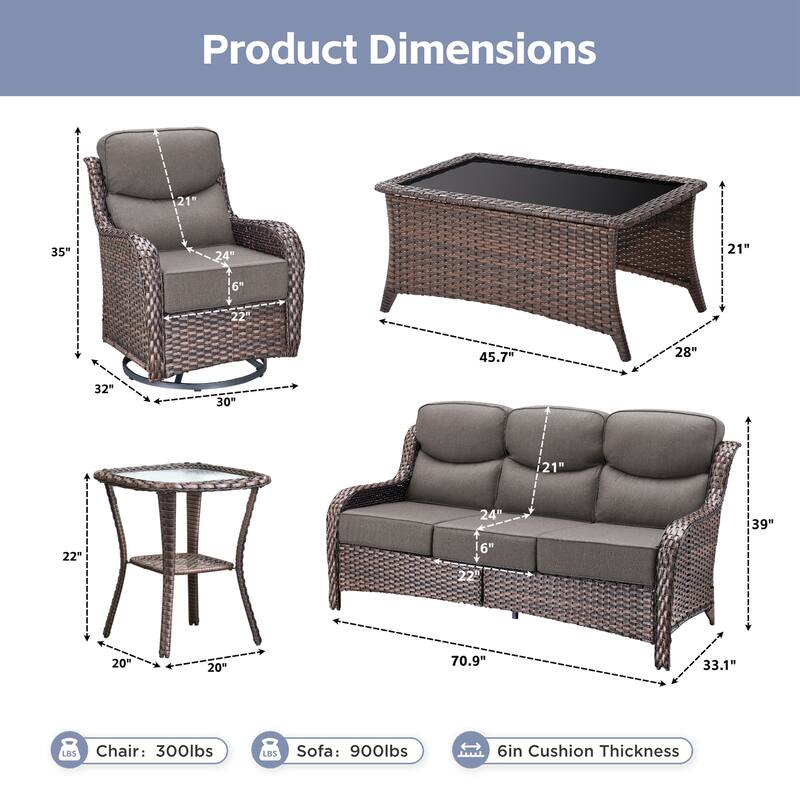 Meyreso 7-Piece Wicker Patio Conversation Set with Swivel Gliders and 6-Inch Thick Cushions