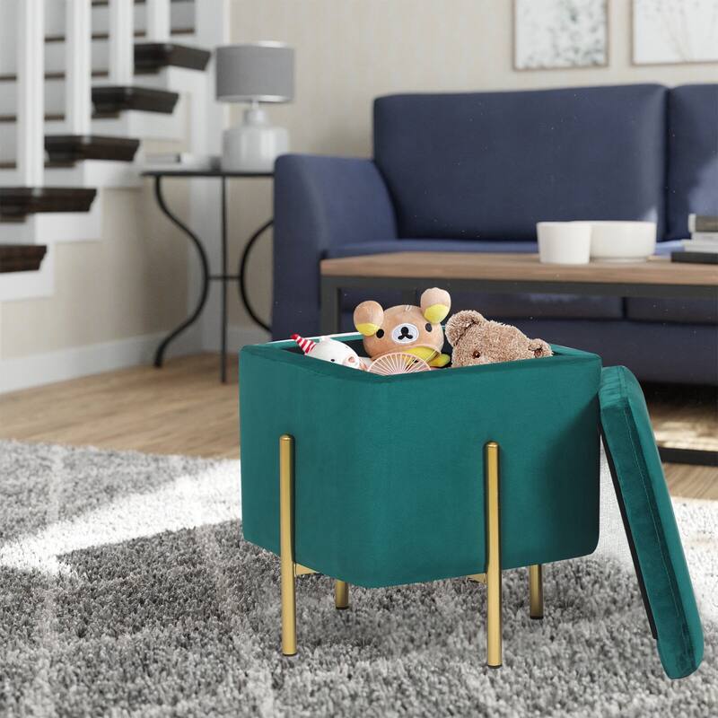 Adeco Square Velvet Storage Ottoman Multi-Function Vanity Footstool