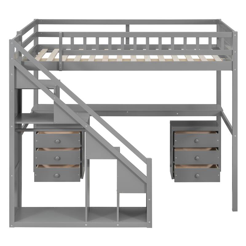 Full Size Loft Bed with Two Chest of Drawers, Desk and Light Strip