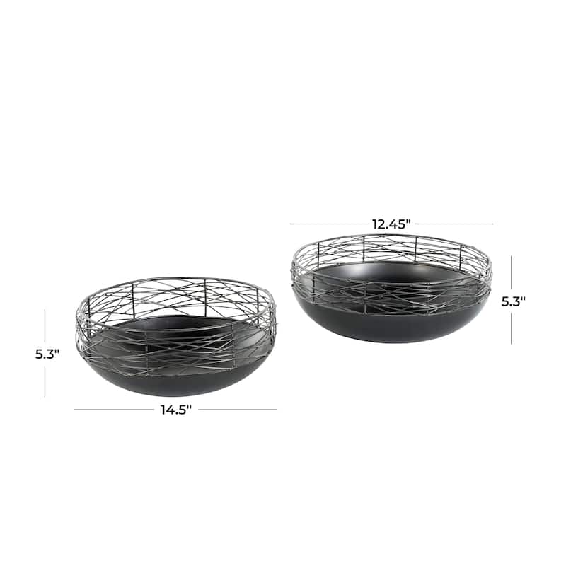 Black Metal Intertwined Wire Abstract Decorative Bowl Decorative Bowl with Solid Matte Base (Set of 2)
