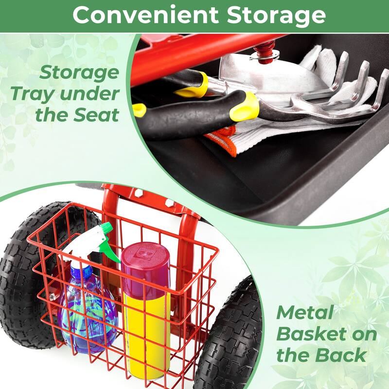 Gymax Cart Wagon Rolling Work Seat w/ Tool Tray Basket Planting Patio