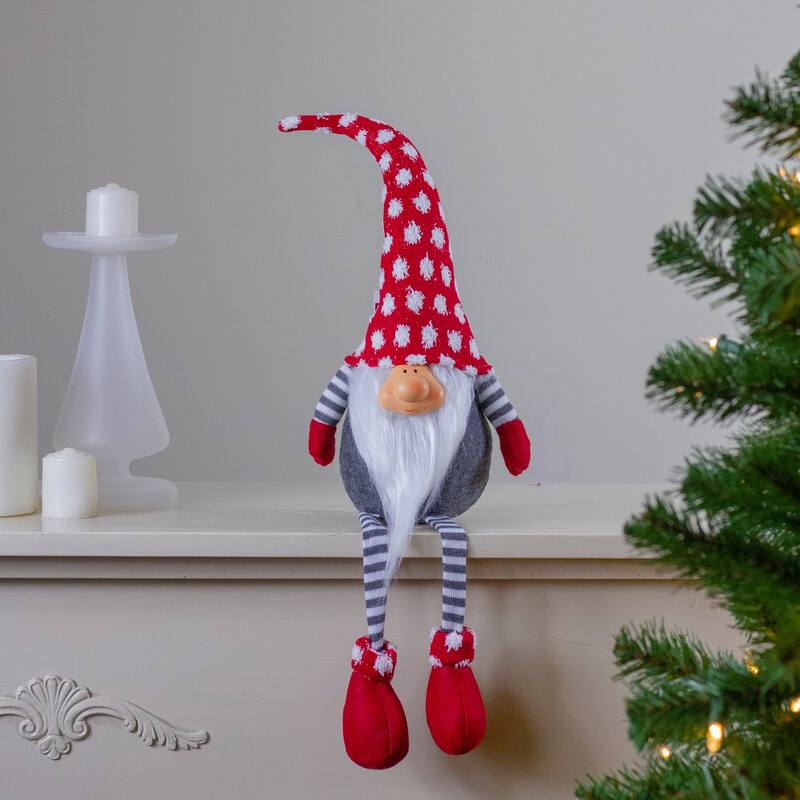 Hanging Leg and Polka-Dot Snow Cap Smiling Gnome - 24" - Gray and Red