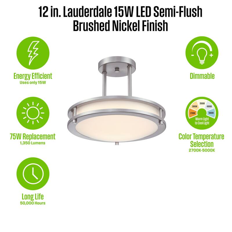 Westinghouse Lighting Lauderdale 12 Inch 15 Watt LED Indoor Semi Flush Mount Ceiling Fixture with Color Temperature Selection