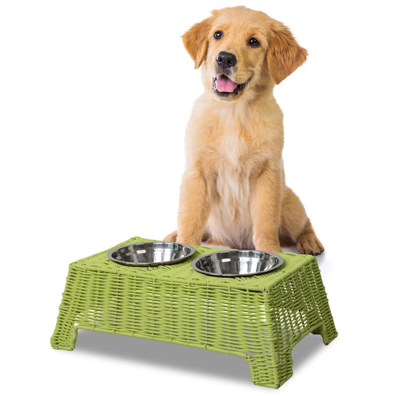Serenity Elevated Pet Feeder 6.9" - Wicker Stand with 18oz Stainless Bowls - Light Green