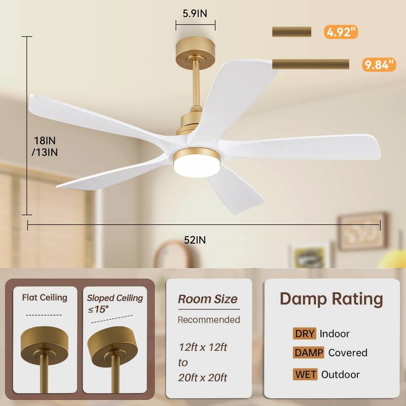 52" Ceiling Fans With Lights and Remote Control, Dimmable LED, 5 Solid Wood Blades,for Bedroom, Living Room - 52 Inches