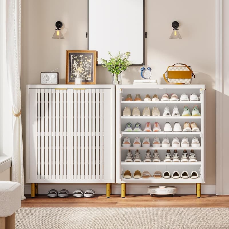 Wooden Shoe Cabinet with Shutter Doors, Adjustable Shelves Large Hidden Storage Organizer Rack for Entryway Hallway