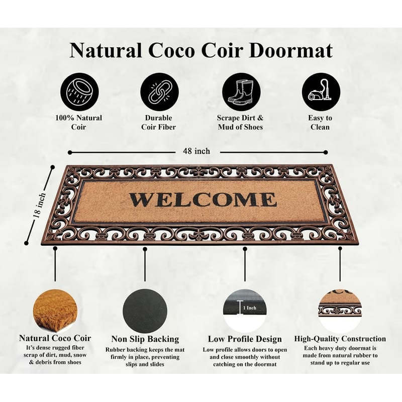 A1HC Welcome Rubber and Coir Paisley Border Myla Durable Doormat 18"X48"