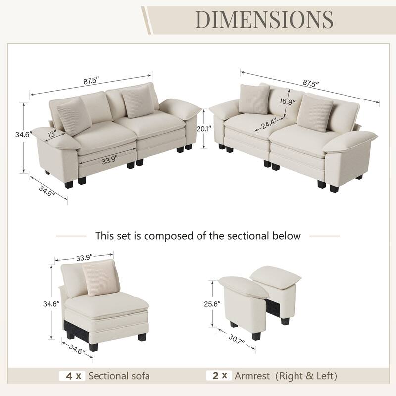 MAISON ARTS 2-Piece Chenille & Corduroy Sofa Set, Comfy 3/4/5-Seater Modular Loveseat & Armchair with Throw Pillows