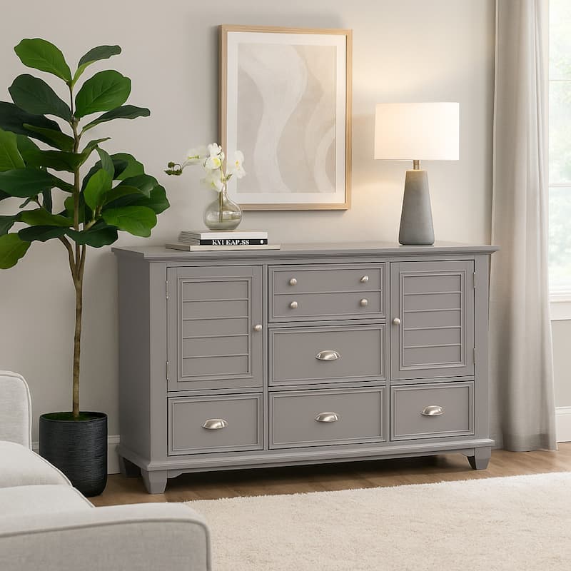Limi Dresser, 6 Drawers, 2 Door Cabinets, Light Gray Wood 61 Inch