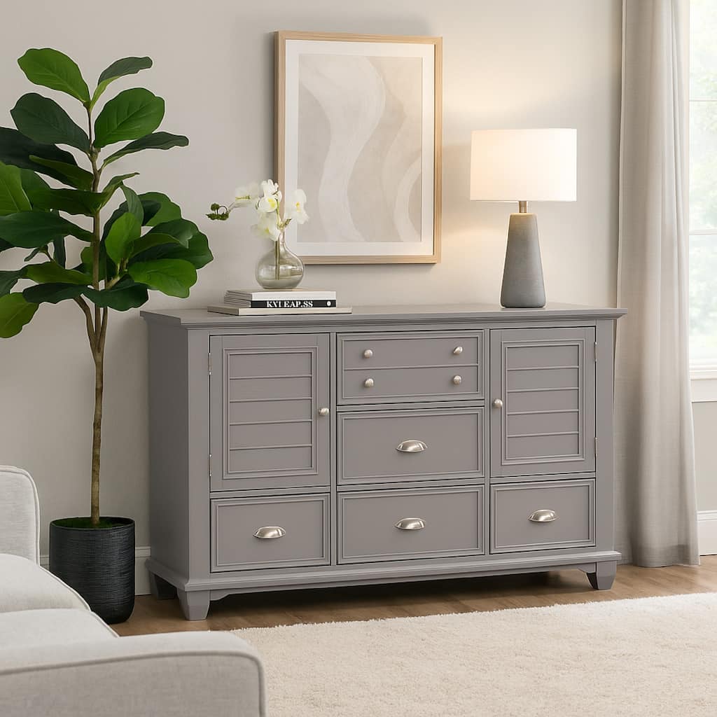Limi Dresser, 6 Drawers, 2 Door Cabinets, Light Gray Wood 61 Inch
