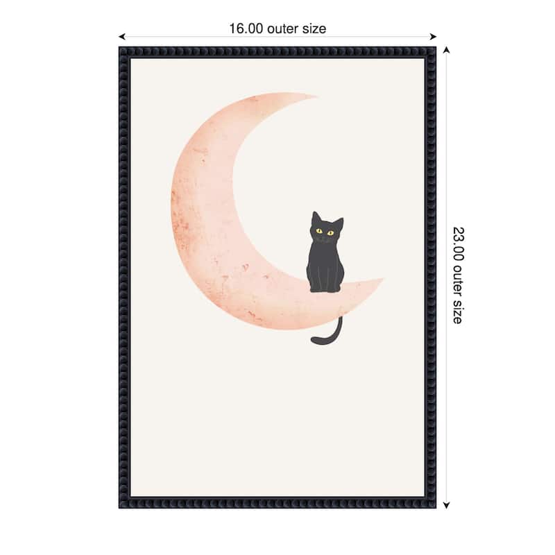 Cat Crescent Moon by Melloi Art Prints Framed Canvas Wall Art - 16 x 23 in