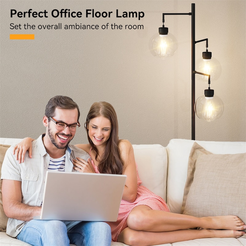 67" Tree-Shaped Living Room Floor Lamp with 3 Lights, Glass Lampshade and Foot Switch