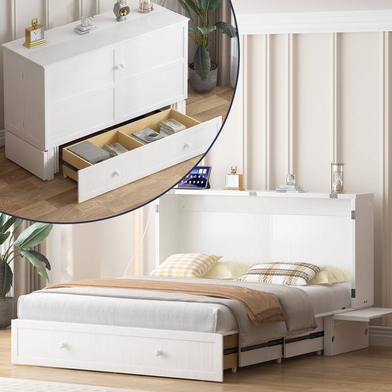 Mixoy Murphy Bed with Mattress,Modern Cube Foldable Cabinet Bed with Charging Station - White - Queen