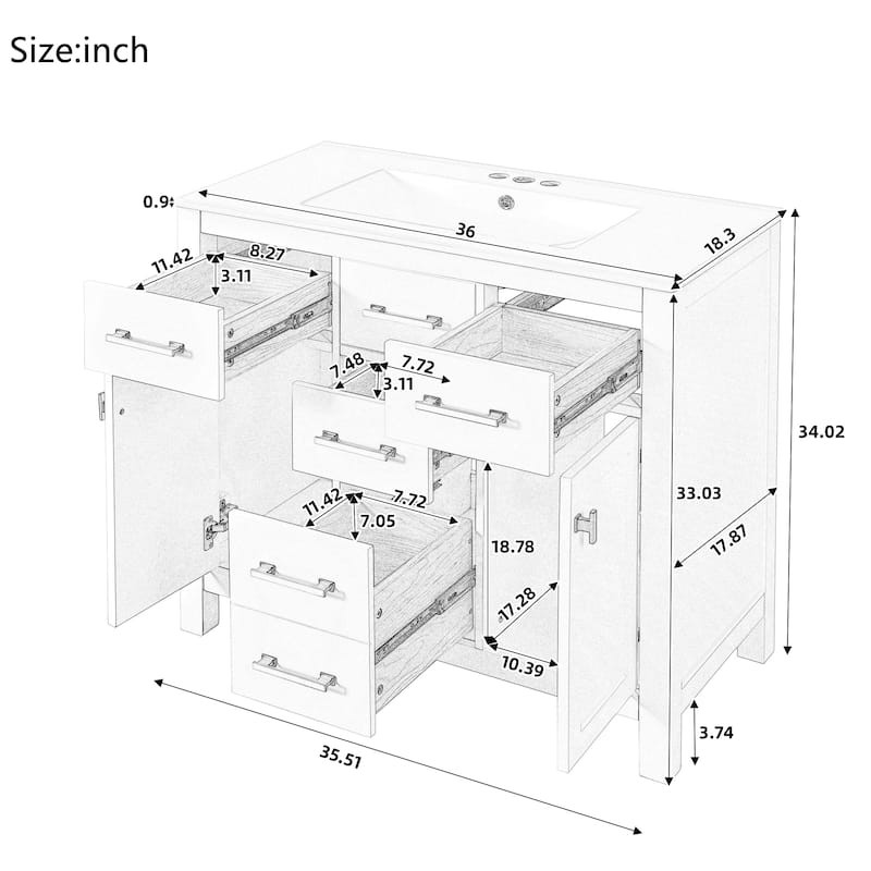 36'' Freestanding Bathroom Vanity with White Integrated Ceramic Sink - 36'' x 18.3'' x 34.02''