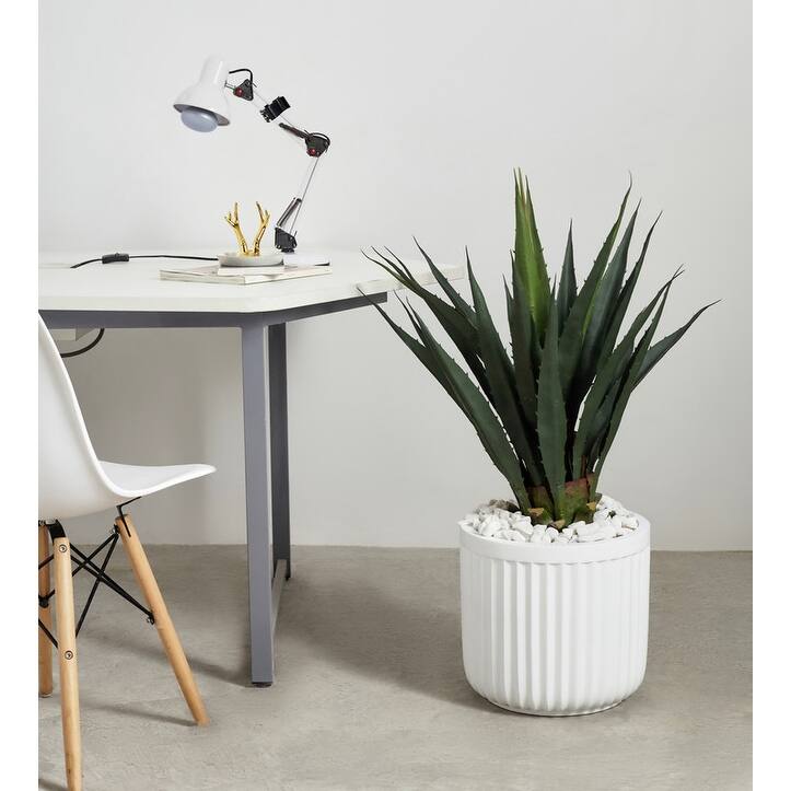 Indoor/Outdoor Large 1-Piece Minimalist Fiberstone Lightweight Short Round Planter Pot With Grooves - 16, 13, 11 in Matte Finish