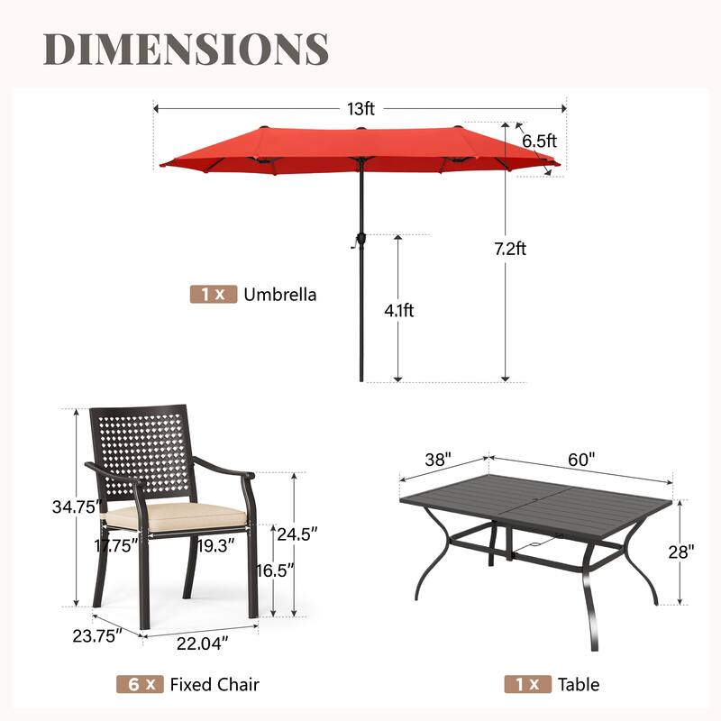 8-Piece Patio Dining Set Metal E-coating of 6 Upgraded Back Pattern Chairs & 1 Metal Table & 13FT Large Umbrella