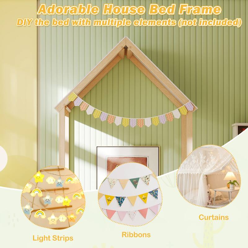 Twin Size Wooden Montessori Floor Bed with House Shape Frame and Semi-Fence Railings for Kids Room