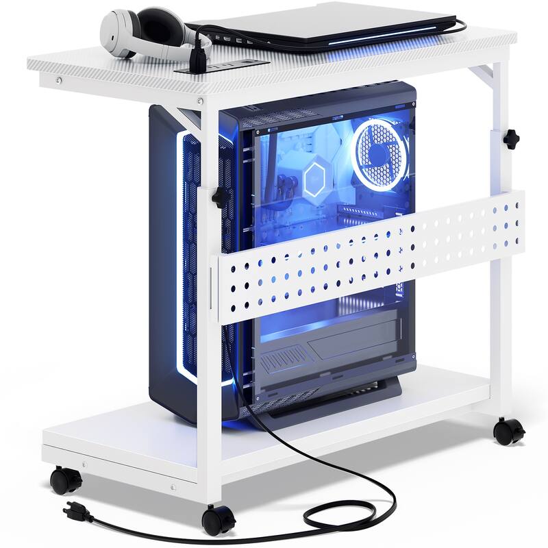 Rolling Computer Stand with Charging Station, Height Adjustable CPU Holder - White