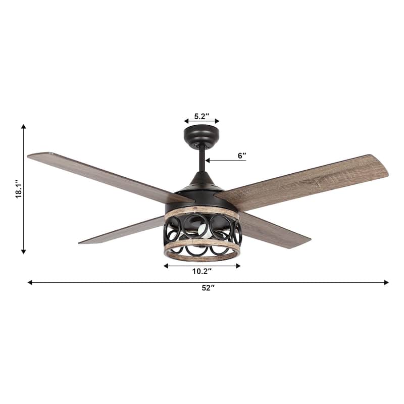52" Black Reversible Downrod Ceiling Fan with Light Kit and Remote