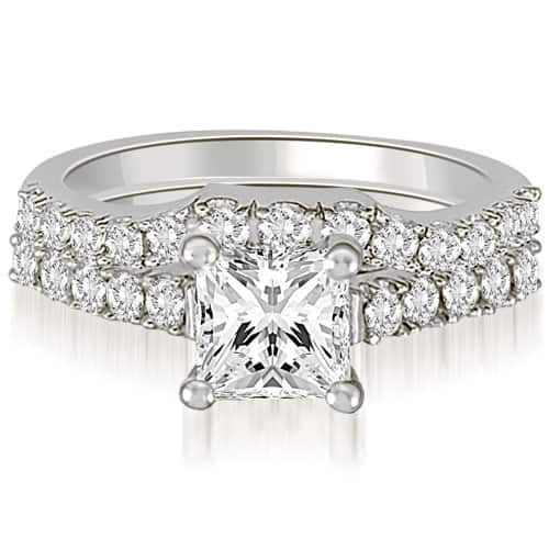 slide 1 of 3, 0.85 CT Lucida Princess & Round Diamond Matching Bridal Set in 14KT