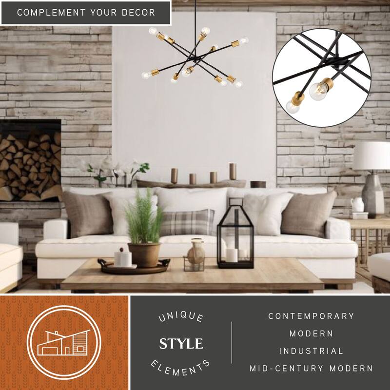 Gresham 10 Light Gold Brass and Black Mid-Century Modern Chandelier Adjustable Arms - 34.25-in W x 14.75-in H x 34.25-in D