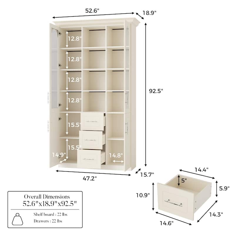 Modular Bookcase with LED Lights, Glass Door Storage Cabinet with Drawers, Large Display Shelving Unit Sideboard
