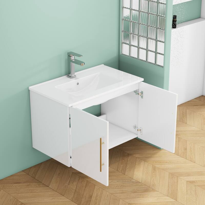 30-Inch Gloss Wall-Mounted Bathroom Vanity with Double Doors, Soft-Close Hangers,Long Gold Metal Handle
