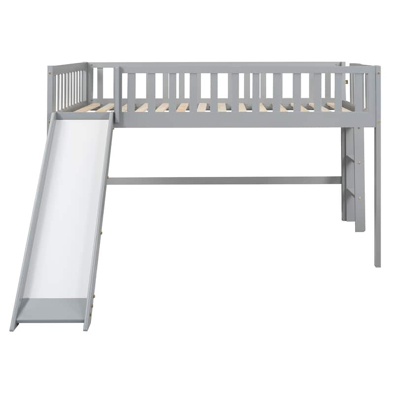 Full Size Low Loft Bed with Removable Slide and Space-Saving Ladder, Gray