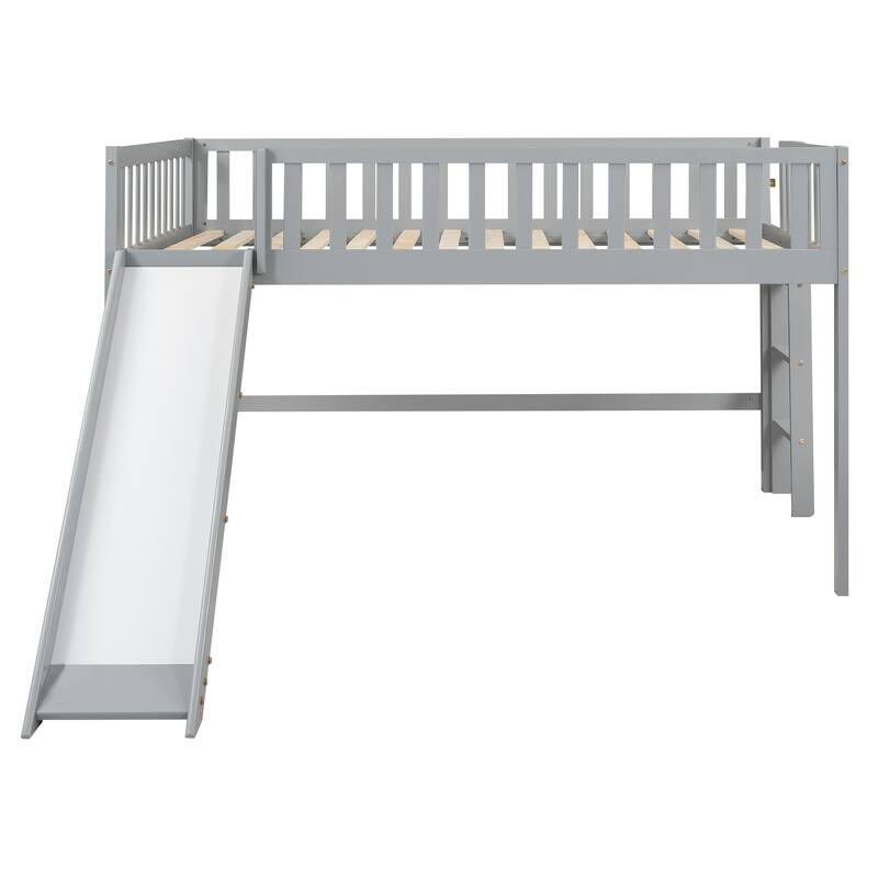 Low Loft Bed Full Size with Ladder and Slide, Solid Wood Full Loft Bed Frame with Full-Length Guardrail for Kids, Boys, Girls
