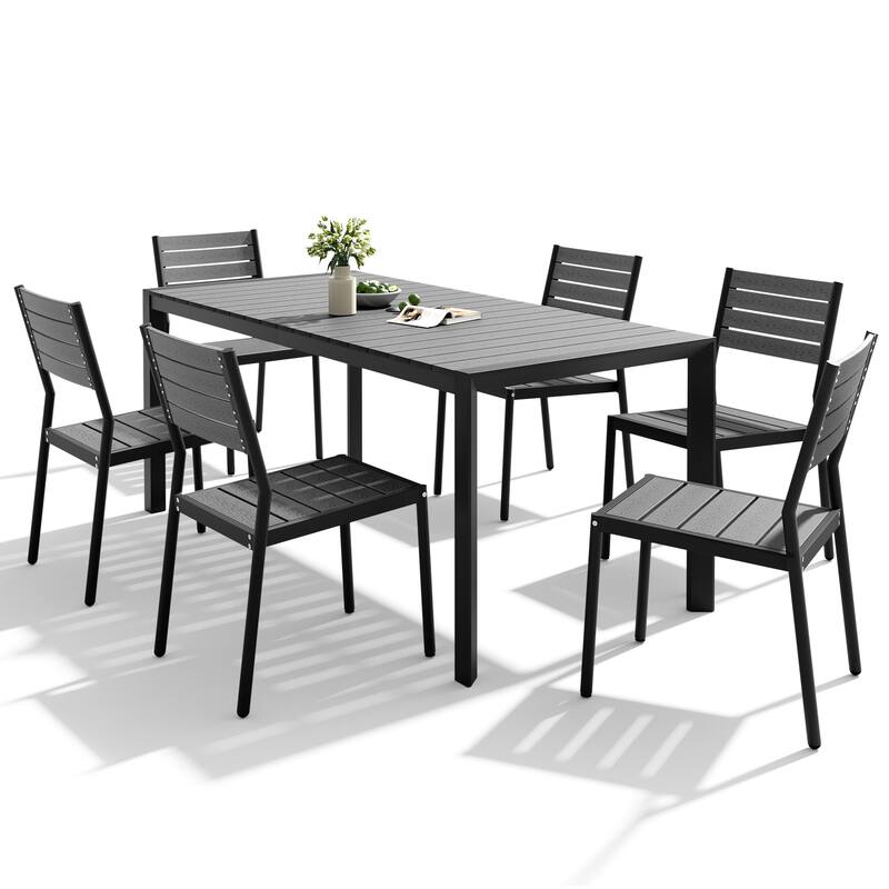 Set of 7 Outdoor Patio Dining Set WoodLike Table Top Aluminum Rectangular Umbrella Hole Table with Stackable Chairs