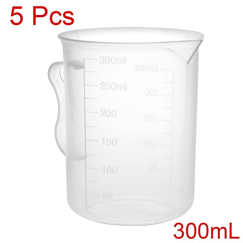 5pcs Laboratory PP Plastic Graduated Measuring Cup Handled Beaker - Transparent - 5 Pcs/300ml