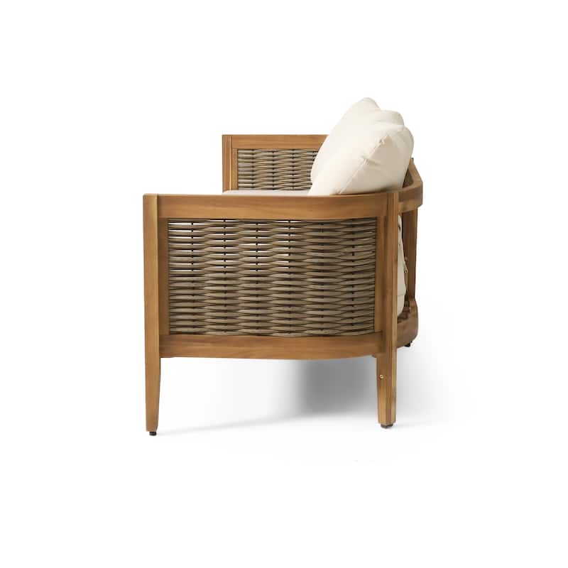 Burchett Outdoor Acacia Wood and Round Wicker Sofa by Christopher Knight Home