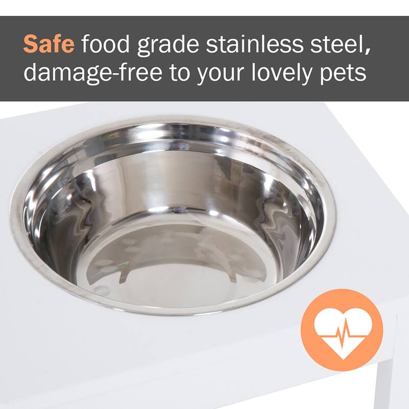 PawHut 23" Modern Decorative Dog Bone Wooden Heavy Duty Pet Food Bowl Elevated Feeding Station - White